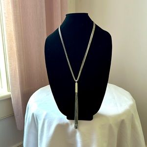 Chico's shimmery pendant necklace silver tone tassel 48" long